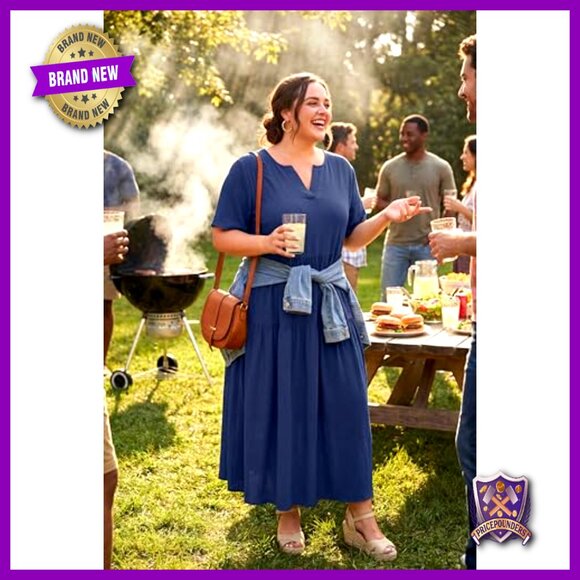 Plus Size Maxi Dress with Pockets V-Neck Short Sleeve Boho Summer - Picture 5 of 7